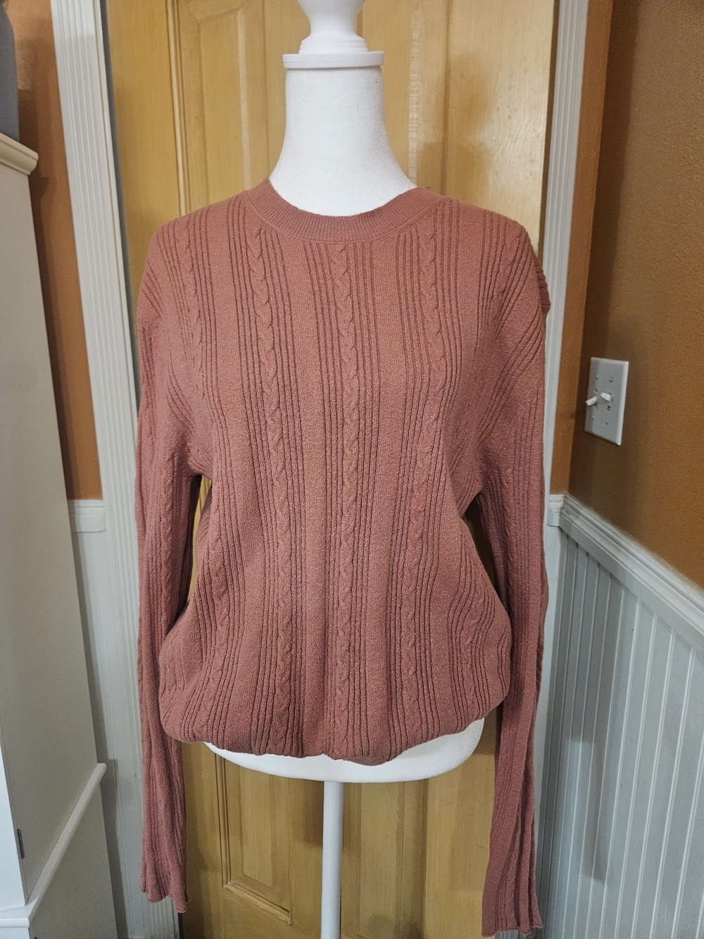 Cable Knit Crewneck Sweater Tee - Dusty Rust